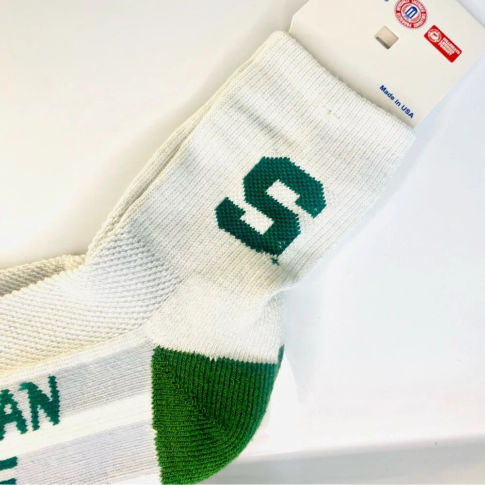 Michigan State University Spartan Logo Unisex Crew Sock White Green Size Medium